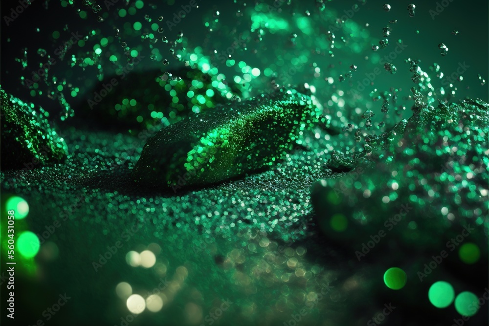 Aufkleber a green background with some water droplets on it and a leaf on the ground with a green light shinin