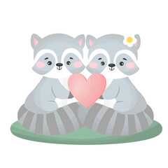 Naklejka premium raccoon in love with heart, couple animals with heart and valentine's day