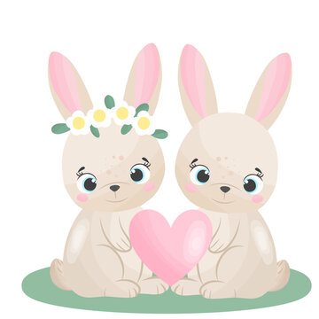 rabbit in love with heart, couple animals with heart and valentine's day