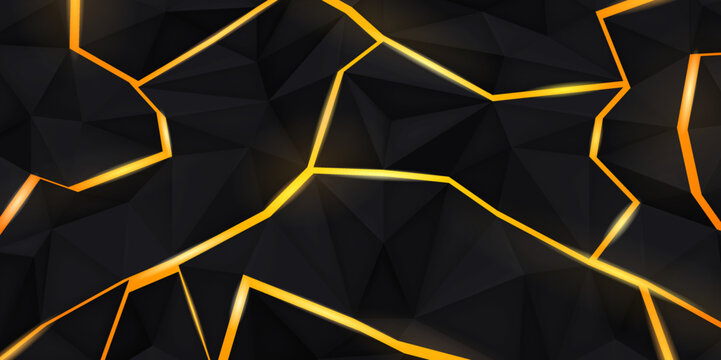 Abstract black background from triangles with bright glowing yellow elements. Vector design backdrop