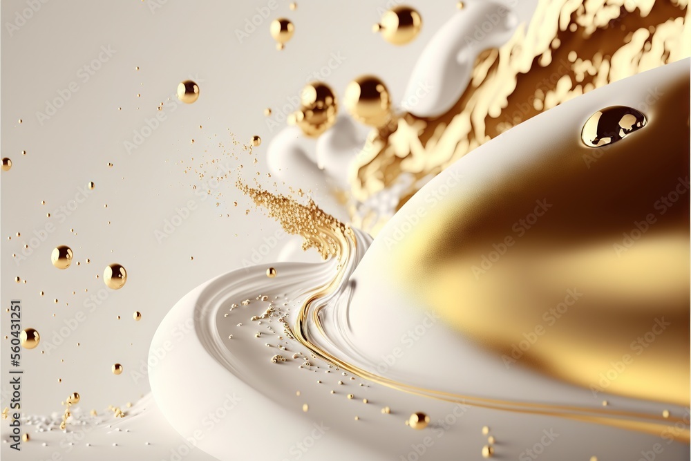 Poster a white and gold object with bubbles and gold drops on it's surface and a white background with gold