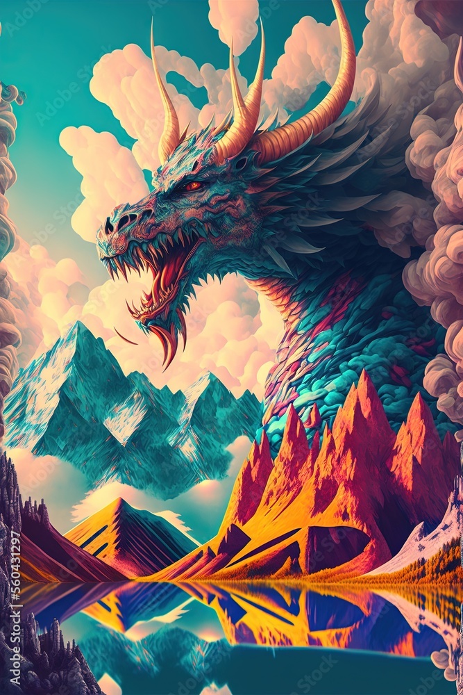 Poster a dragon with large horns is in the sky above a mountain range and a lake with a mountain range in t