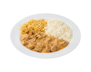 Meat strogonoff with rice and straw potato isolated over transparent background