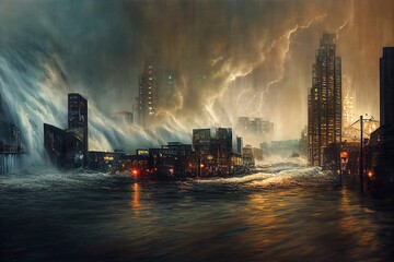 Tsunami ocean waves flood a modern city with skyscrapers due to climate change.  - obrazy, fototapety, plakaty