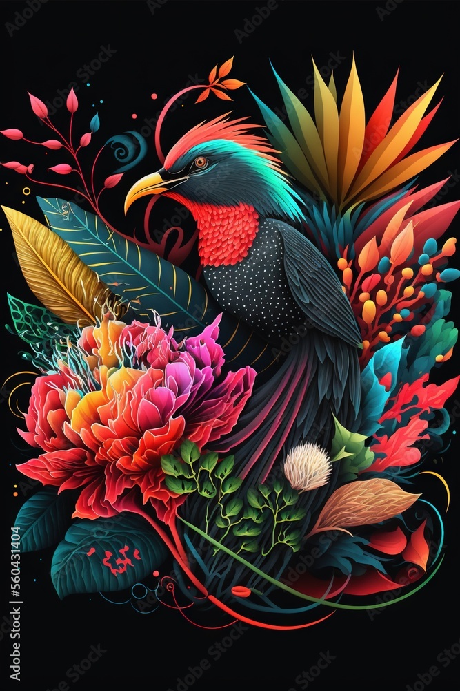 Poster a bird with a colorful plumage and flowers on a black background with a black background and a black