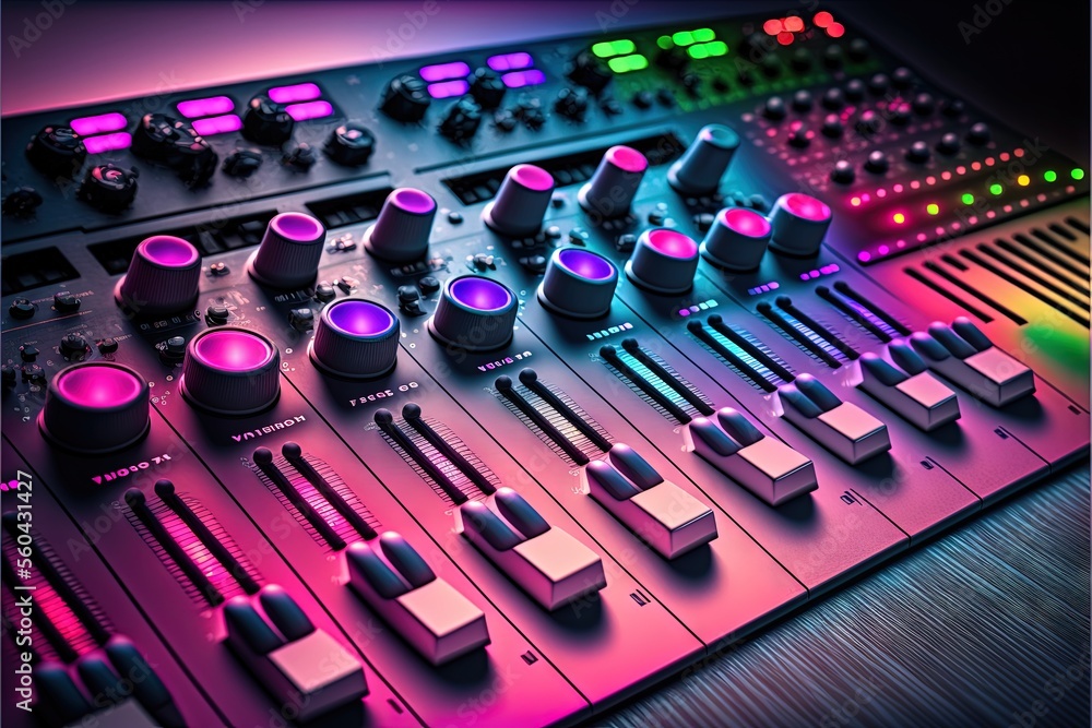 Poster a close up of a sound board with many knobs and lights on it's side and a black background with a re