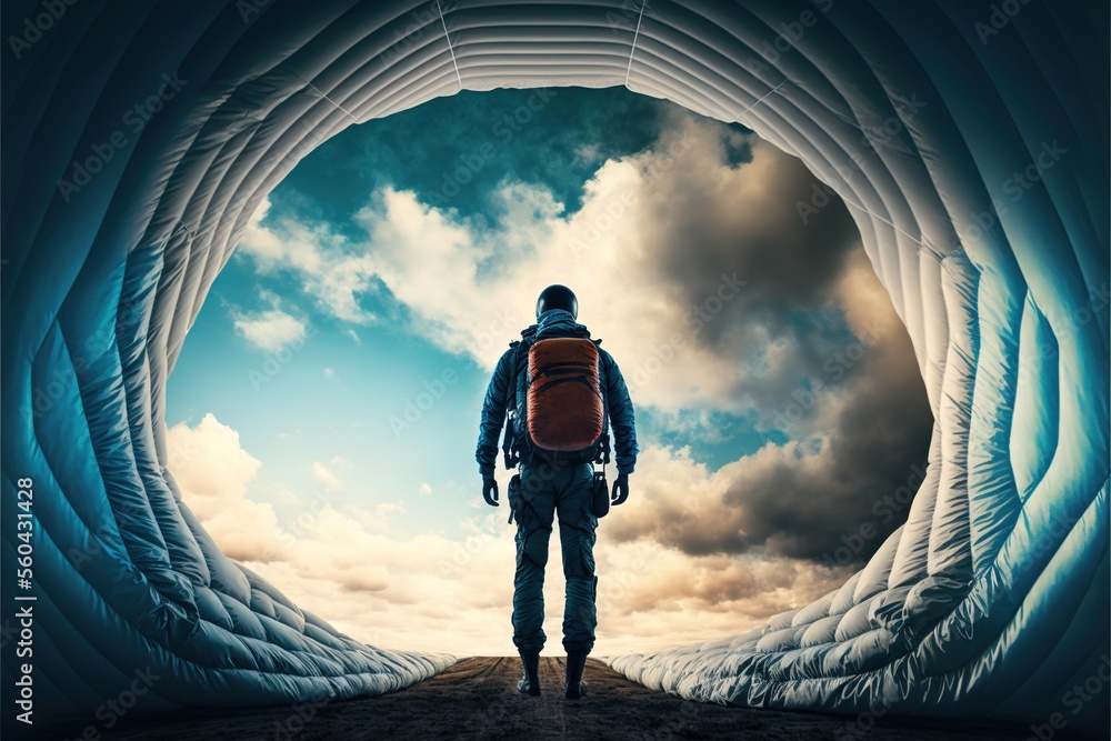 Poster a man with a backpack standing in a tunnel of clouds and clouds in the sky, with a sky background an