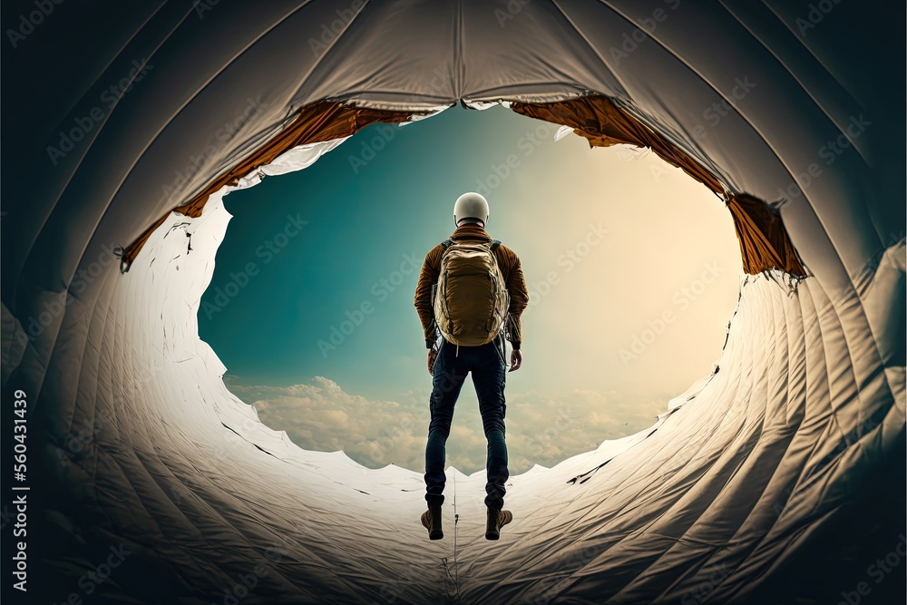 Poster a man standing in a tunnel looking at the sky and clouds in the distance with a backpack on his back
