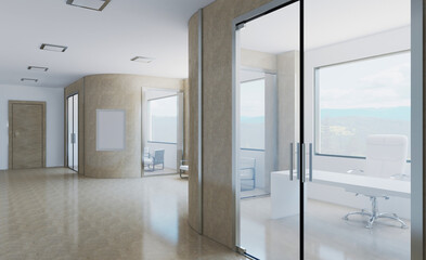 Modern office building interior. 3D rendering.. Mockup.   Empty paintings