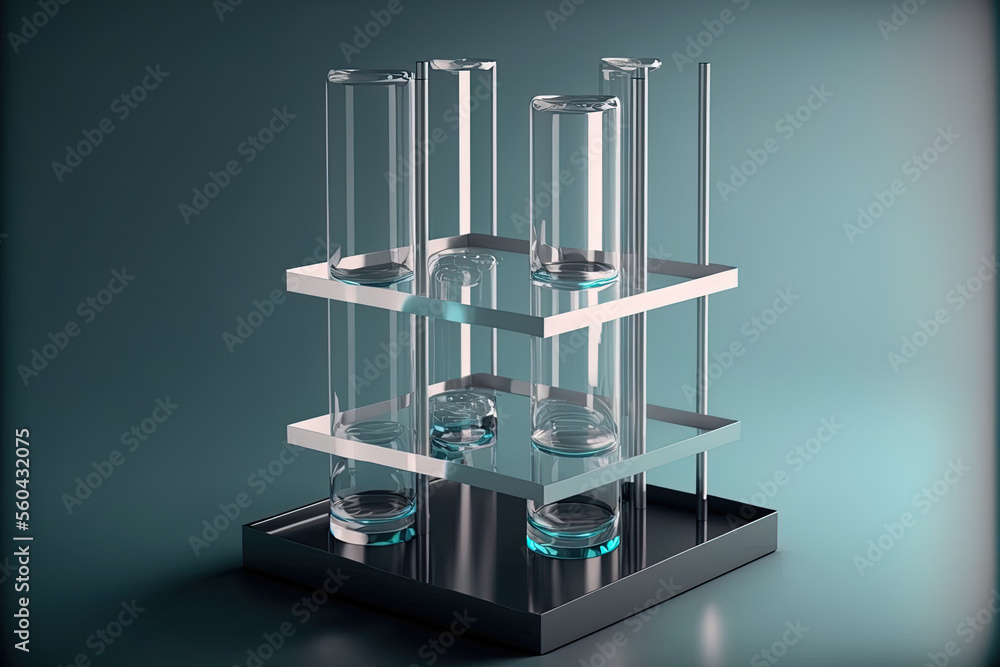 Poster glass podium with a geometric platform is empty. test tubes for the science lab and chemical lab sup