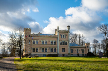 Fototapeta na wymiar Garsene castle or manor built in 1856 in Neo-Gothic style. Garsene, Latvia