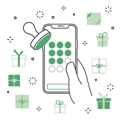 手に持ったスマートフォンのアプリ スタンプカード プレゼントのアイコンセット