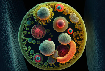 Fototapeta Macro close up shot of bacteria and virus cells. Generative ai obraz
