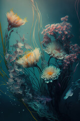 Beautiful wild flowers underwater. Generative AI.