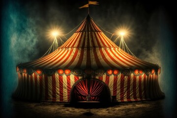 red white circus tent in the dark with lights - obrazy, fototapety, plakaty