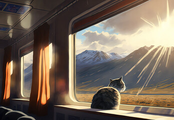 The cat sits on the train and looks out the window at a beautiful landscape. Generative AI.