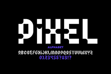 Pixel style font, alphabet letters and numbers, vector illustration