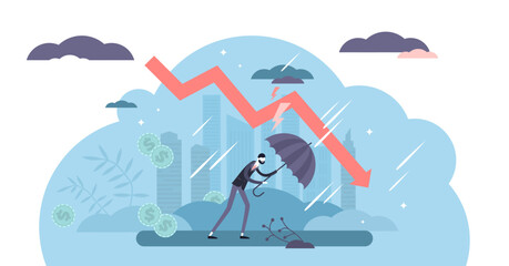 Recession financial storm concept, tiny business person illustration, transparent background. World economy recession and global market collapse risk.