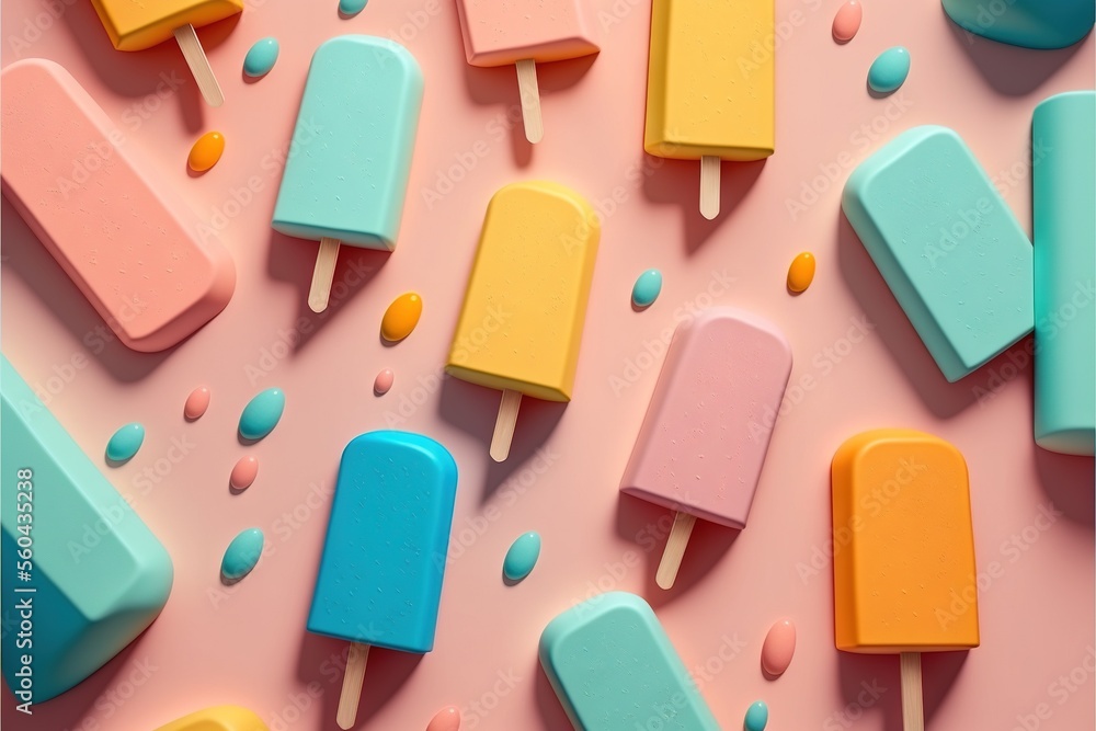 Poster a group of popsicles with different colors on a pink background with candy drops around them and a p