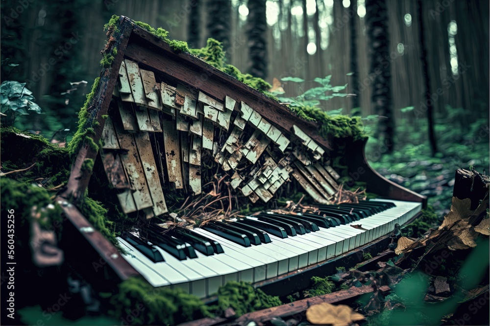 Poster a broken piano in the middle of a forest with moss growing on it's sides and a broken piano in the m