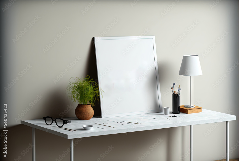 Poster a table with a poster and a lamp on it with a plant on top of it and a lamp shade on the side of the