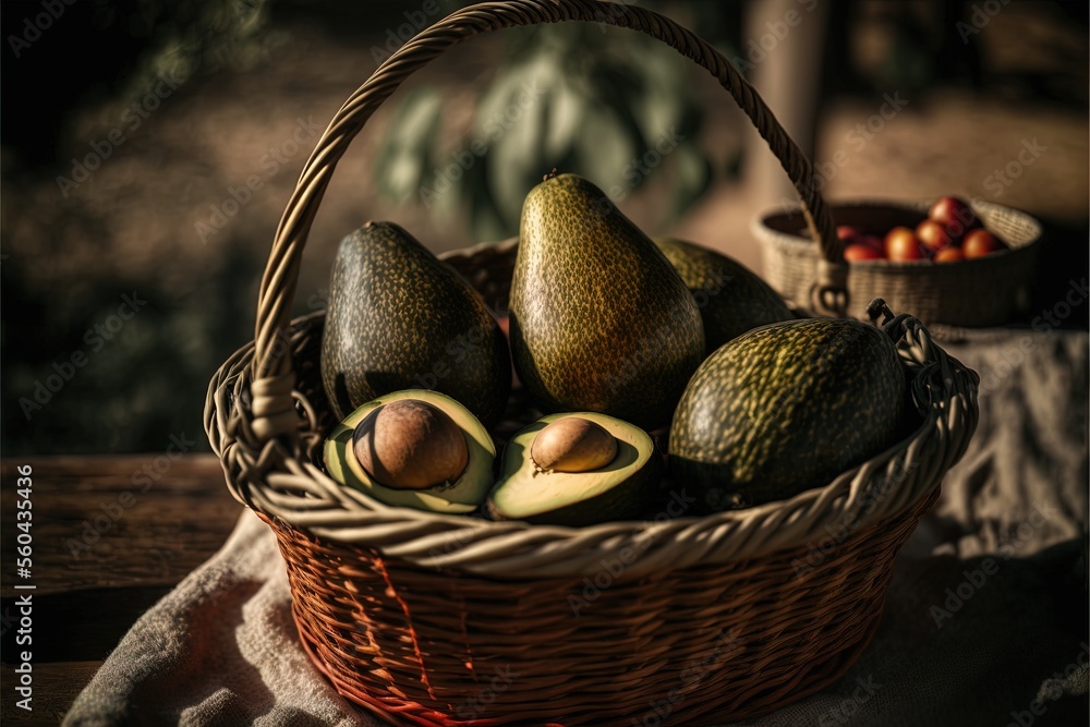 Aufkleber a basket of fruit sitting on a table next to a bowl of fruit and a towel on a table cloth with a cac