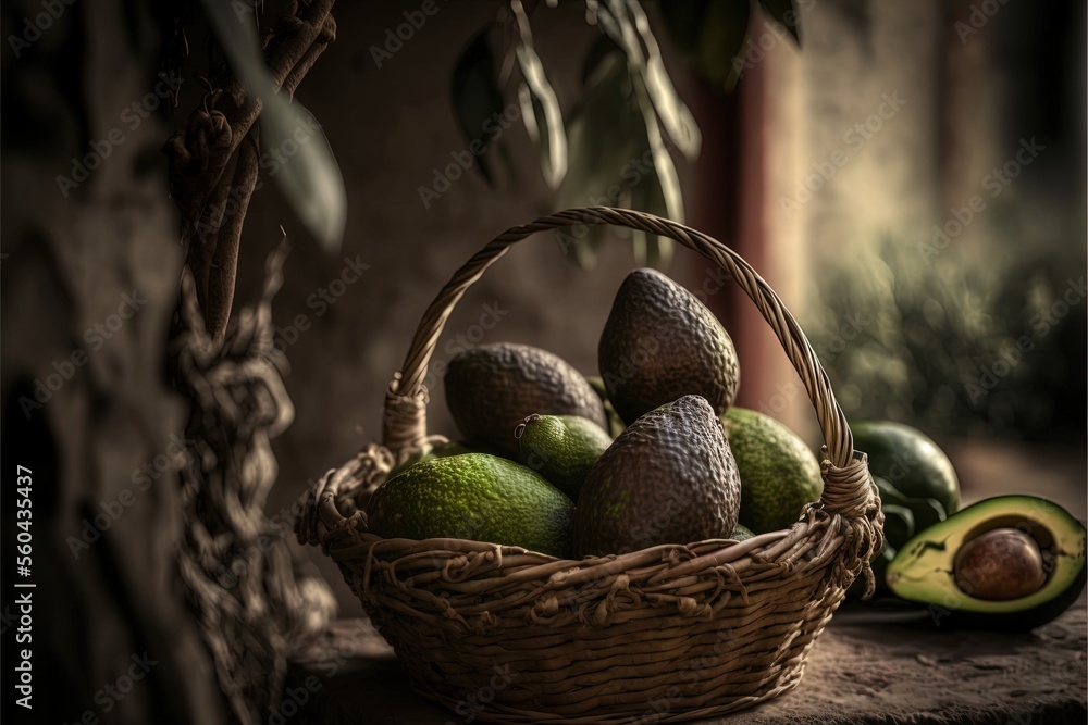 Poster a basket of avocados sitting on a table next to a tree and a plant with leaves on it and a half avoc