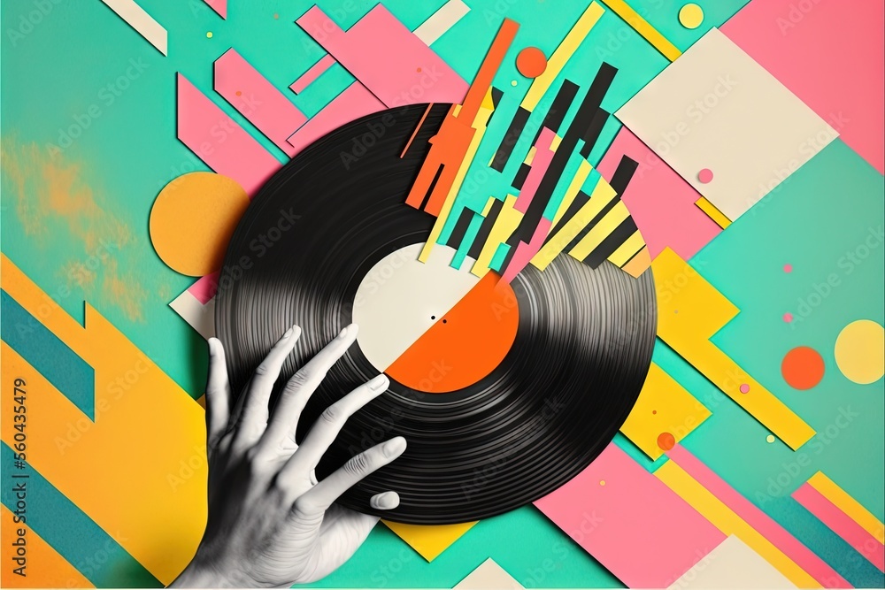 Poster a hand holding a record on top of a colorful background with geometric shapes and lines on it, with 