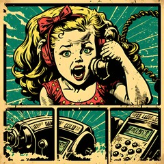 Girl with old telephone comic created with AI