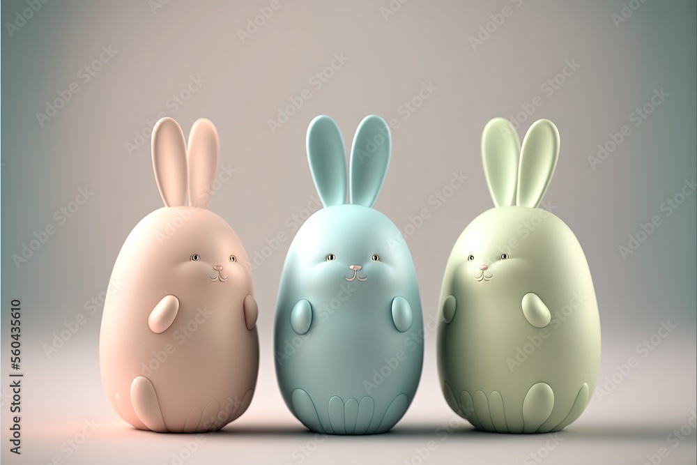Poster three different colored plastic rabbits sitting next to each other on a table with a gray background