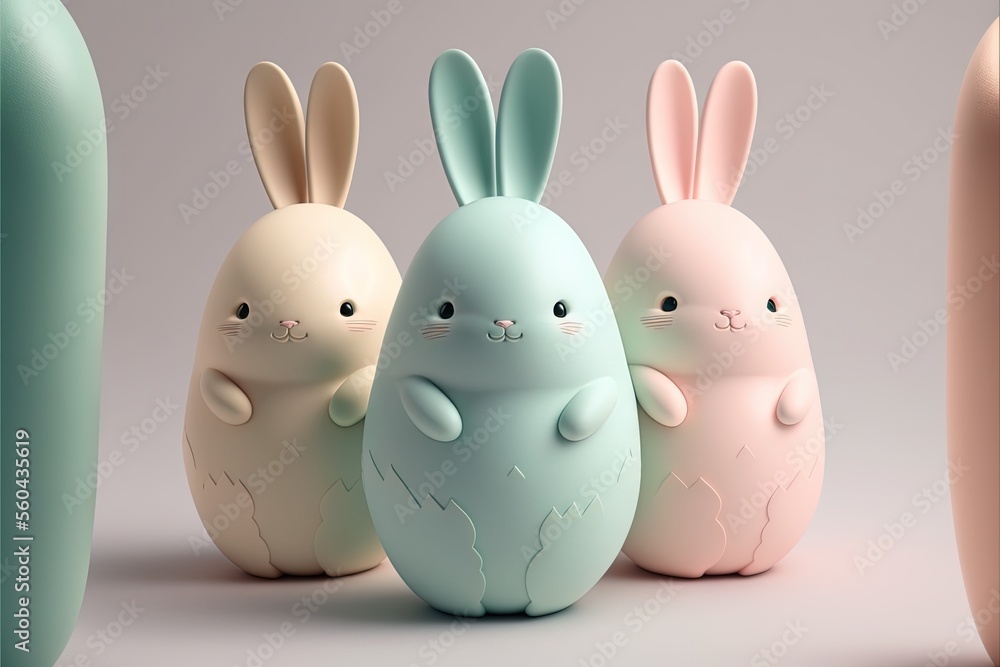 Aufkleber a group of three bunny shaped eggs sitting next to each other on a table next to a vase and a bottle