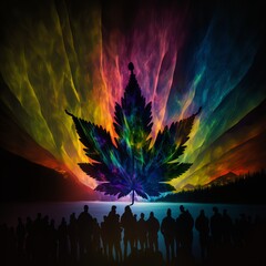 Colorful cannabis leaf figure at sky as Northern Lights. People watching alternative aurora borealis.