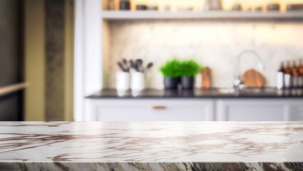 Fototapeta na wymiar Marble stone table top on blur kitchen interior background. Kitchen island. For display or montage you products