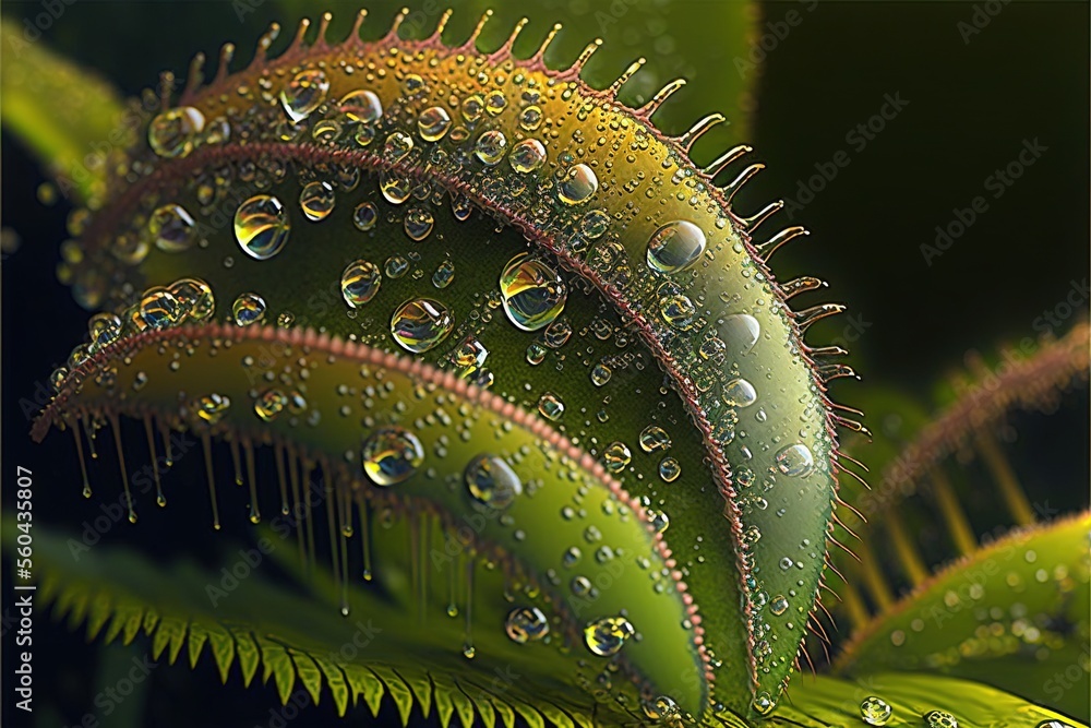 Poster a close up of a plant with water droplets on it's leaves and leaves in the background, with a black 