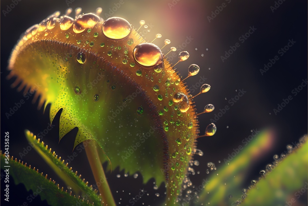 Poster a close up of a plant with water droplets on it's leaves and a black background with a blurry light 
