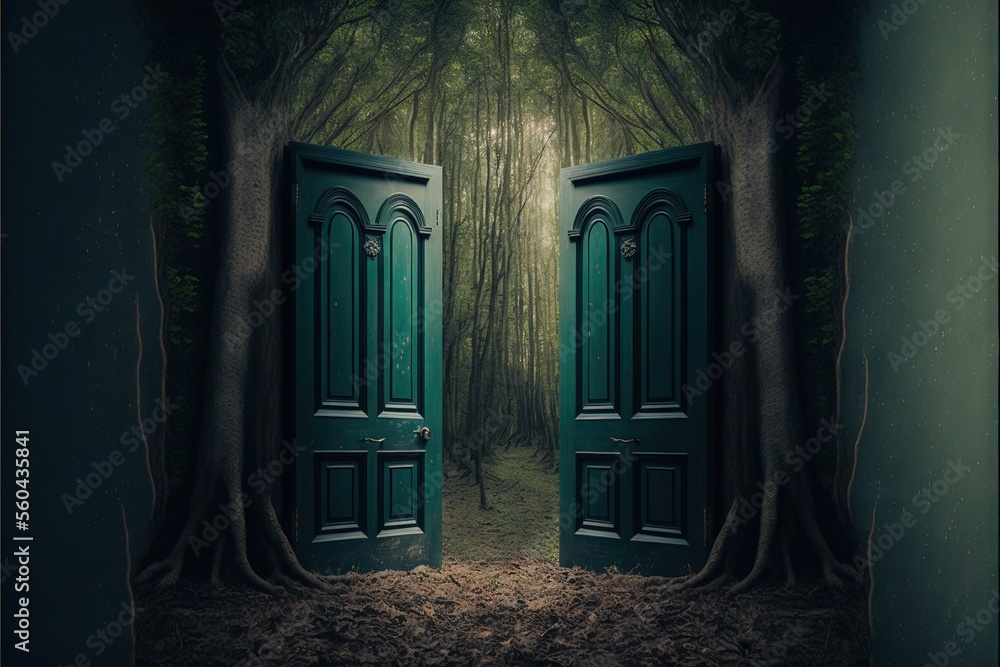 Aufkleber a green door is open in a dark forest with trees and dirt on the ground and a path leading to it thr