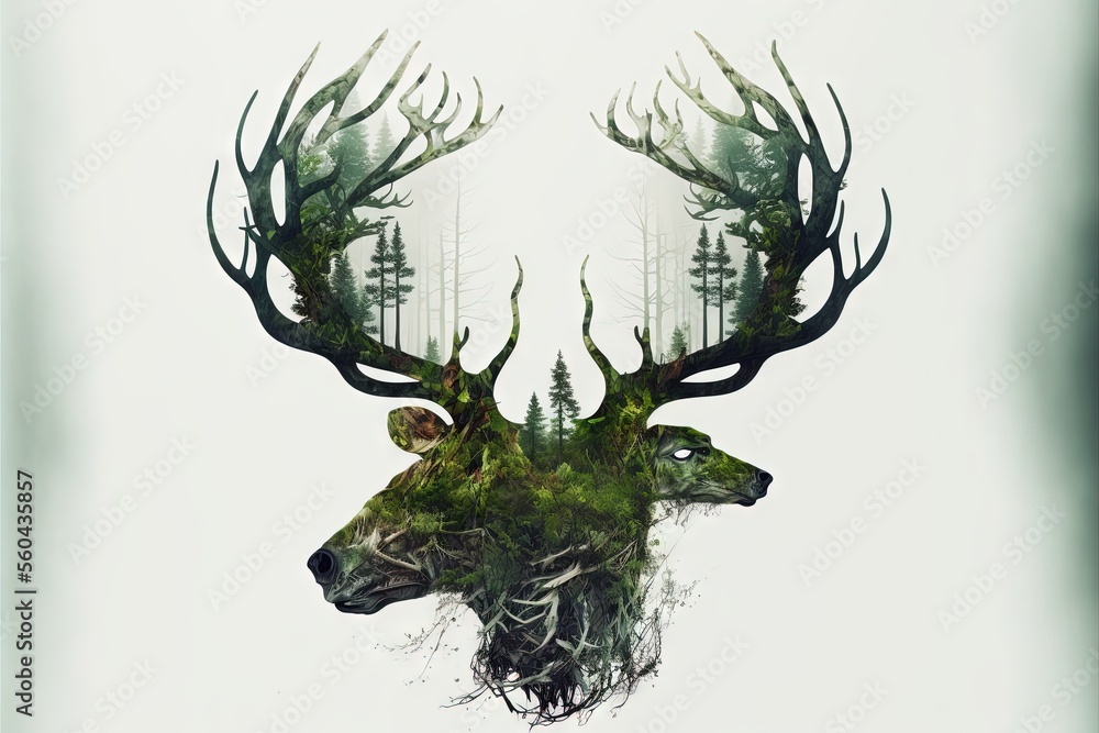 Poster a deer with a forest scene on its back is shown in the middle of the image, with trees in the backgr