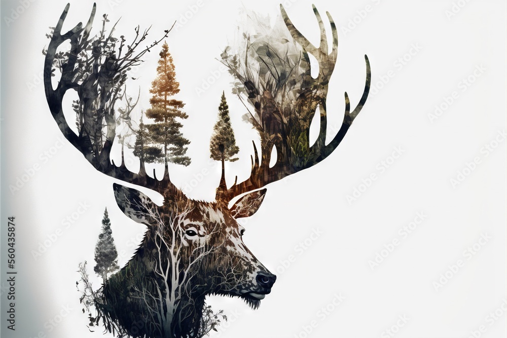 Poster a deer with antlers and trees in the background is shown in this artistic photo of a deer's head wit