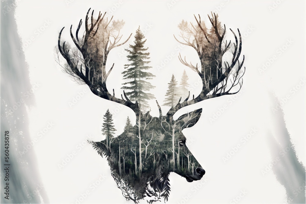 Poster a deer with a forest background is shown in this artistic illustration of a deer's head with trees i