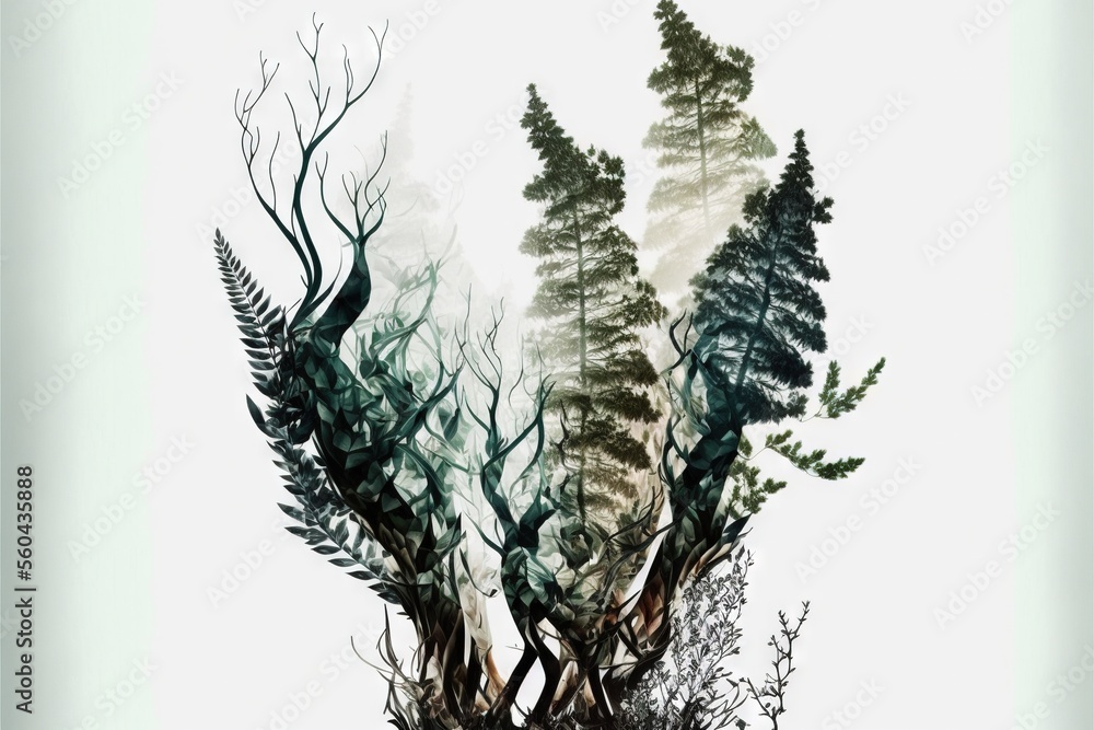 Poster a painting of a forest with trees and bushes in the foreground and a white background with a blue bo