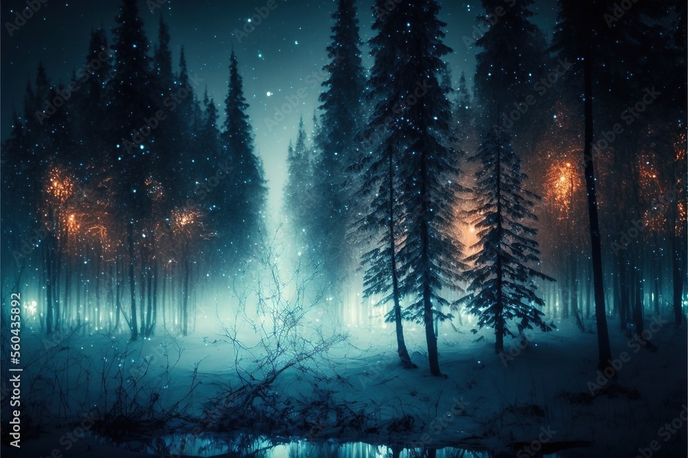 Poster a night scene with a forest and a stream of water and trees with lights in the distance and stars in