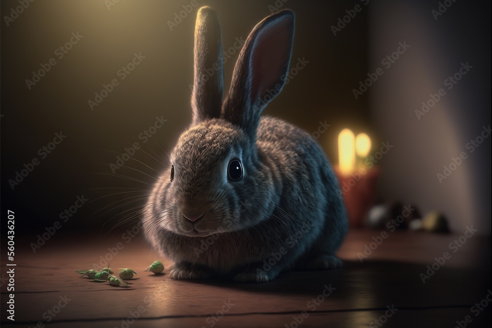 Poster a rabbit sitting on a table with some food in front of it and a candle in the background with a ligh