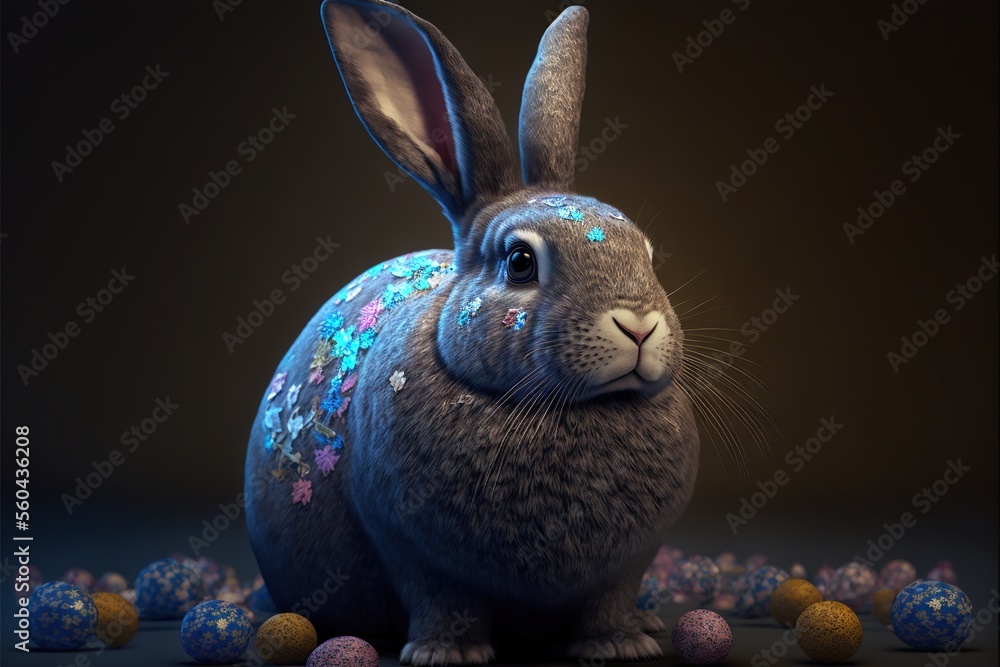 Poster a rabbit with a blue face and ears surrounded by chocolate eggs and candies in the background, with 