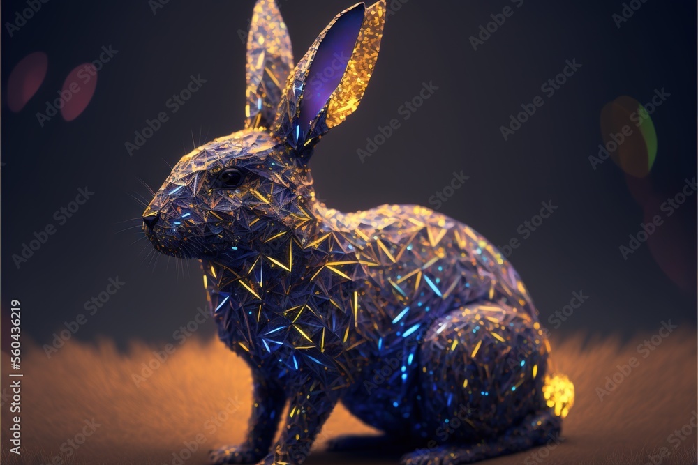 Poster a shiny rabbit statue sitting on a table with a black background and a gold light around it's ears a
