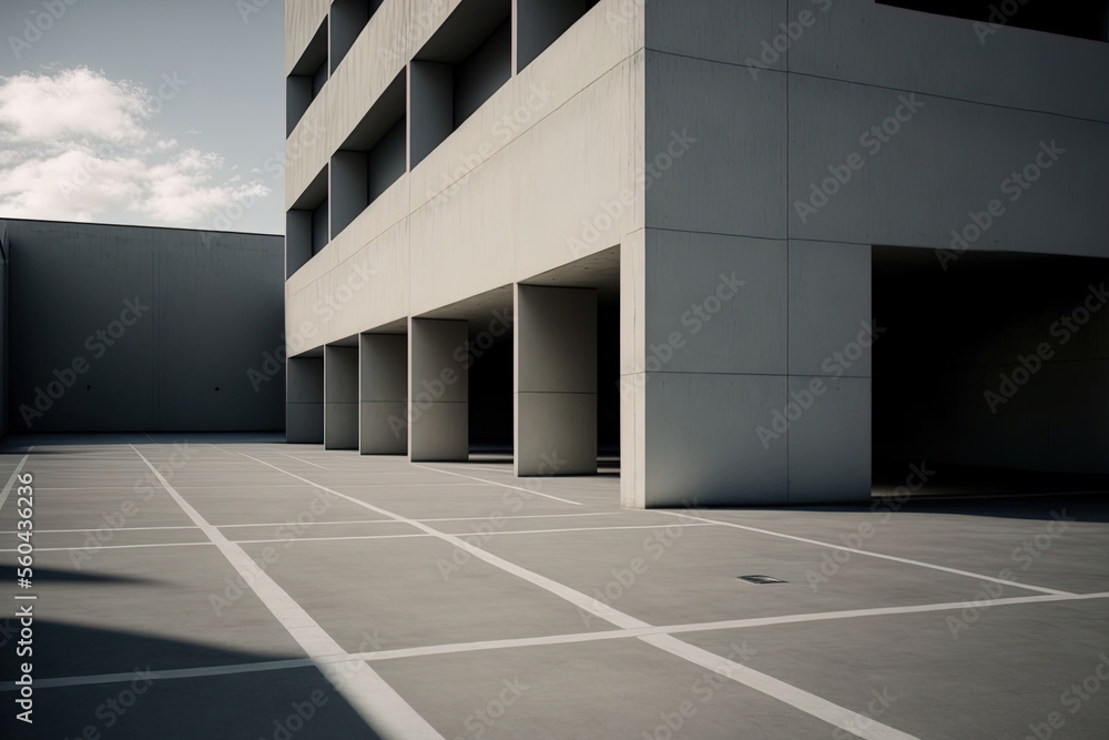 Poster concrete building with a parking lot and an empty cement floor. generative ai