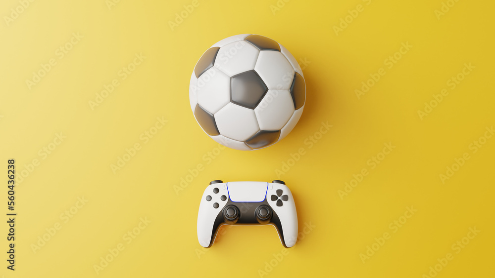 Poster gamepad and soccer ball on a pink background with copy space. joystick for video game. game controll