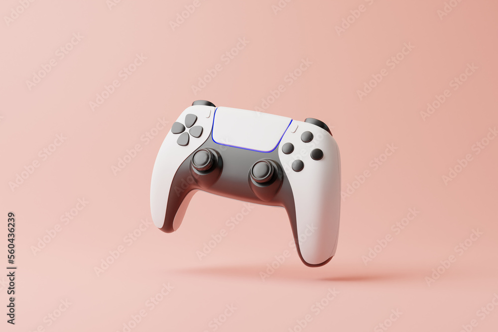 Poster flying gamepad on a pink background with copy space. joystick for video game. game controller. creat