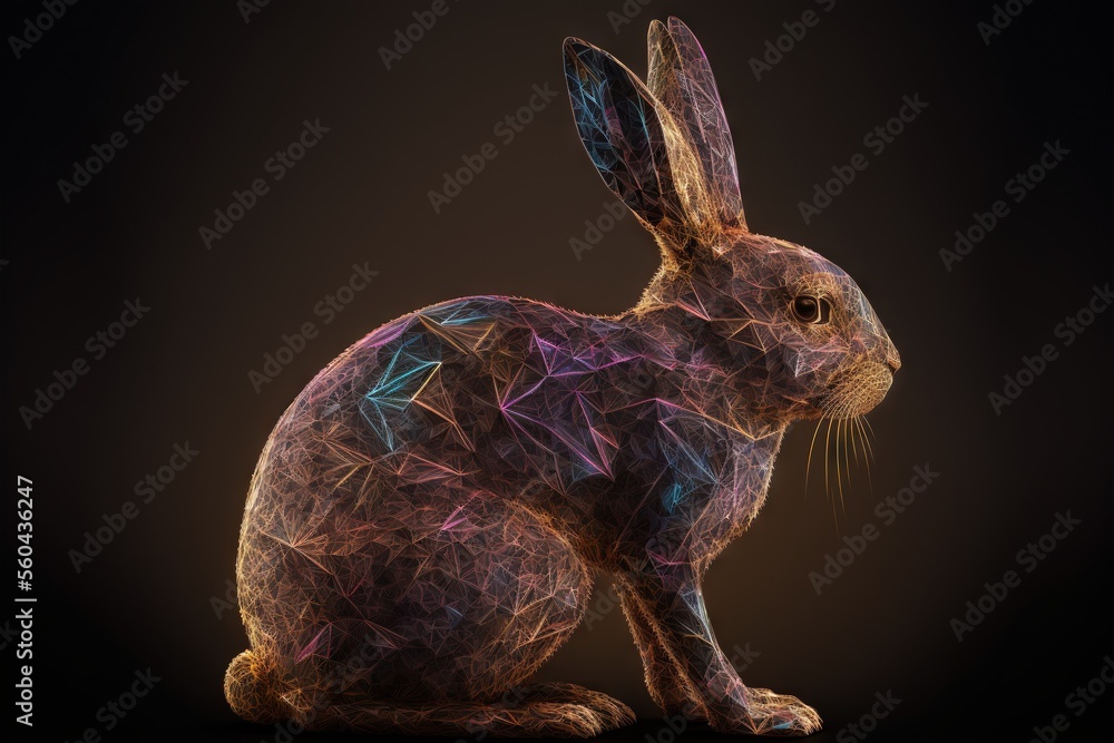 Poster a rabbit sitting on a black background with a dark background and a brown background with a blue and
