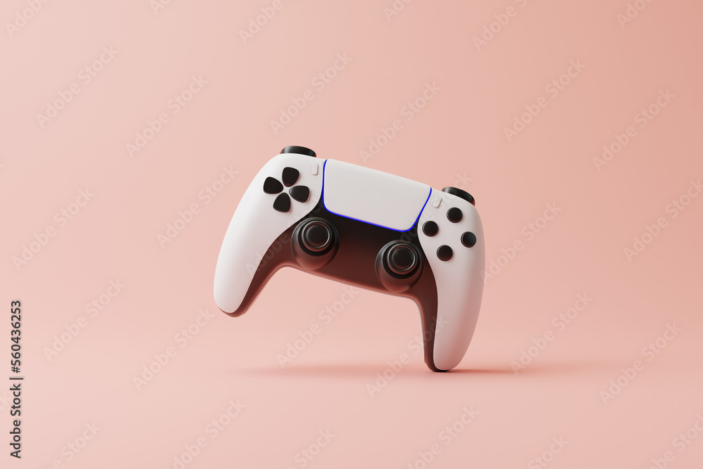 Fototapete Flying gamepad on a pink background with copy space. Joystick for video game. Game controller. Creative Minimal Gaming concept. Front view. 3D rendering illustration