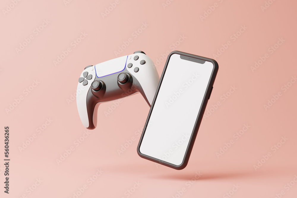 Poster flying gamepad and phone on a pink background with copy space. joystick for video game. game control